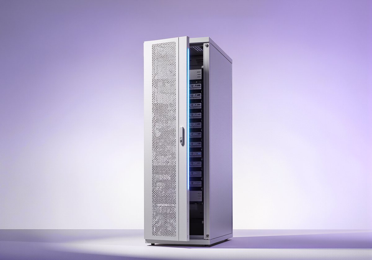 A white server rack with its door ajar and a blue status strip
