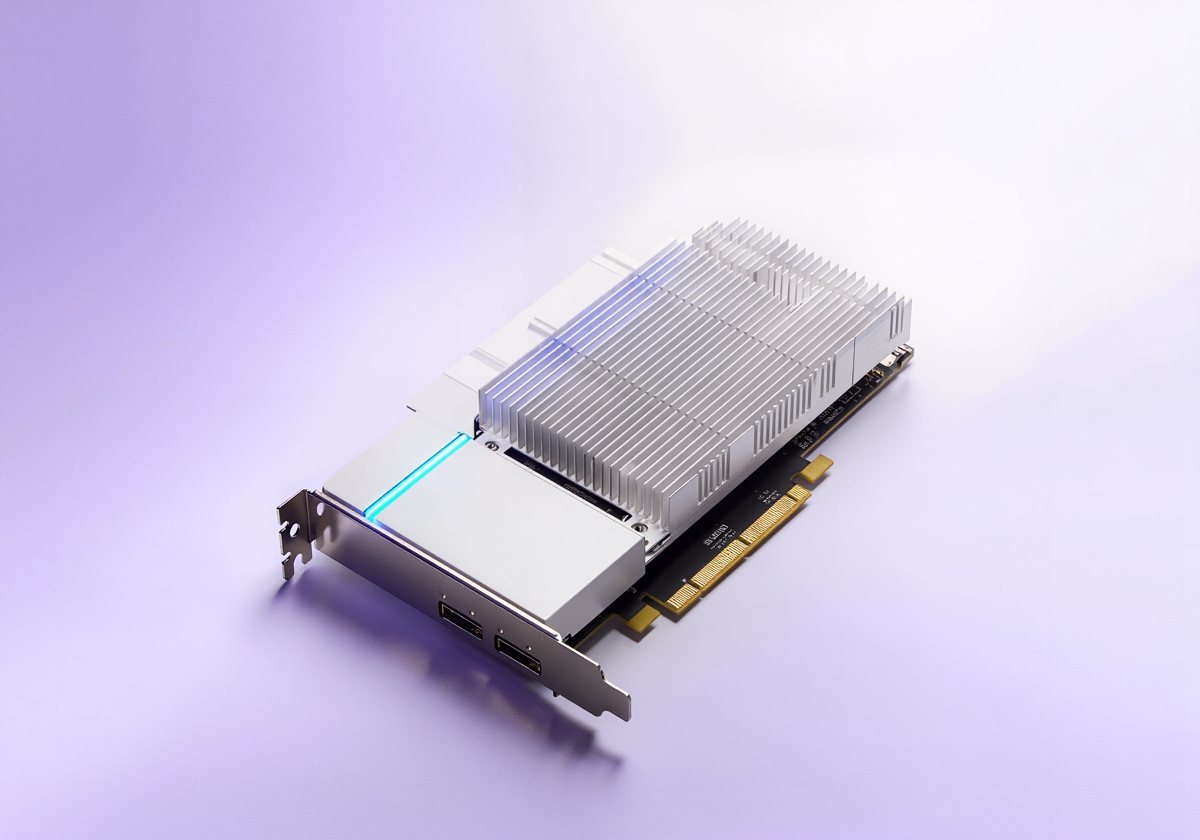 A white data-centre GPU accelerator card with a blue light line