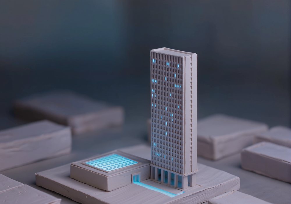 A white model headquarters tower beside a low glowing building