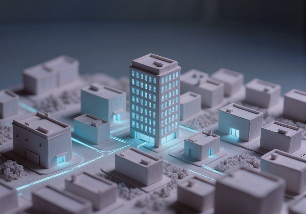 A white model city block with glowing roads converging on one tower