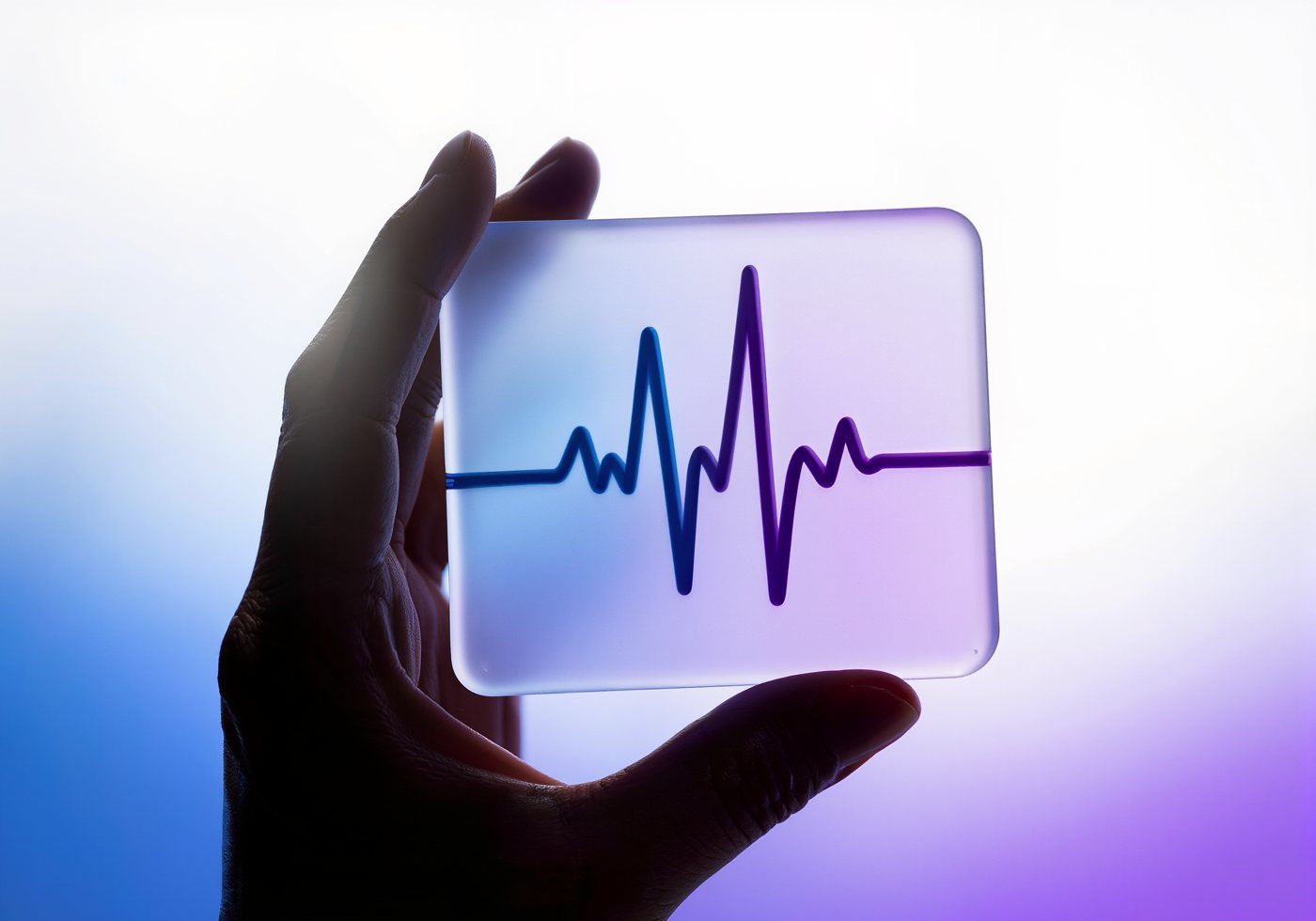 A hand holding a glass tile with a pulse line