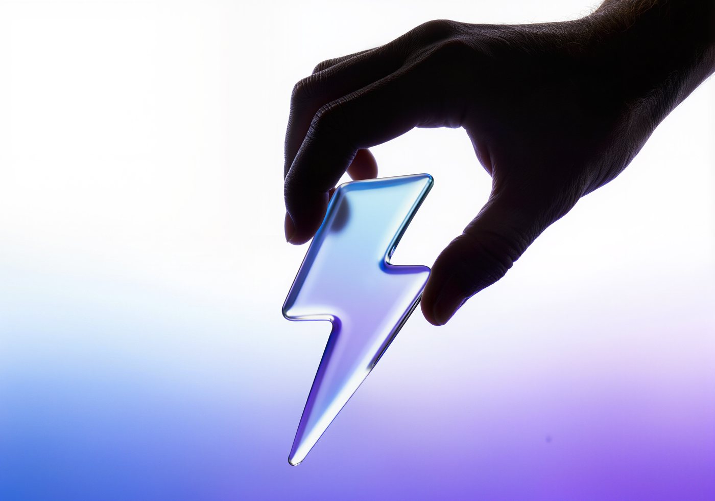 A hand holding a glass lightning bolt